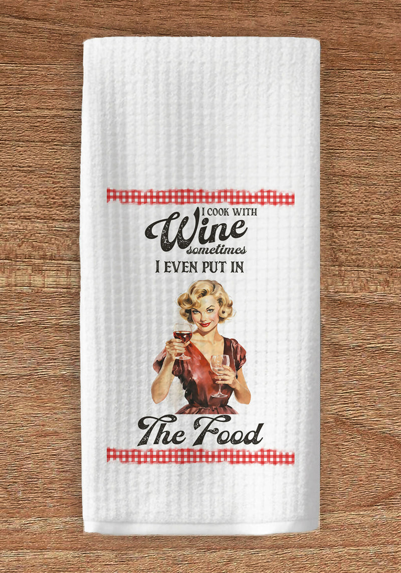 I Cook With Wine Funny Retro Housewife Kitchen Towel