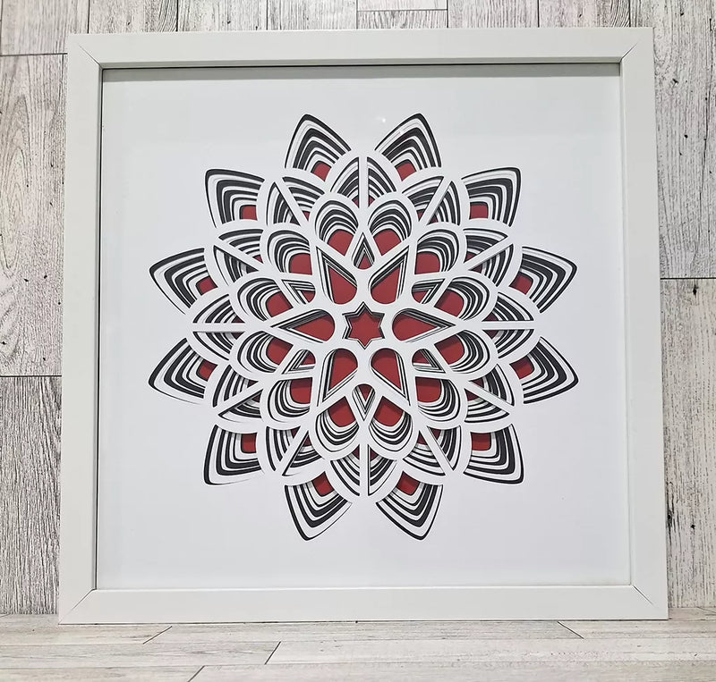 cut layers of black and white paper over a red background in a white frame