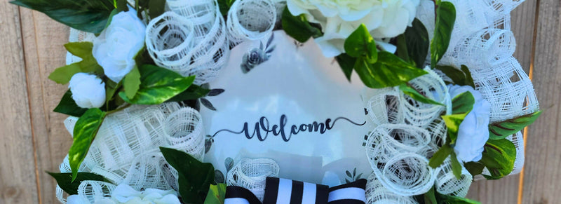 Everyday Black and White Welcome Wreath with Faux Peonies, Hydrangeas and Greenery
