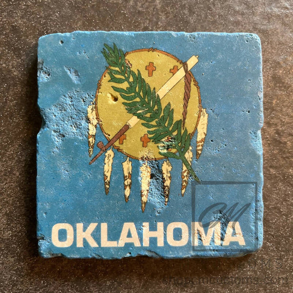 Oklahoma flag on travertine tile - Four coaster set
