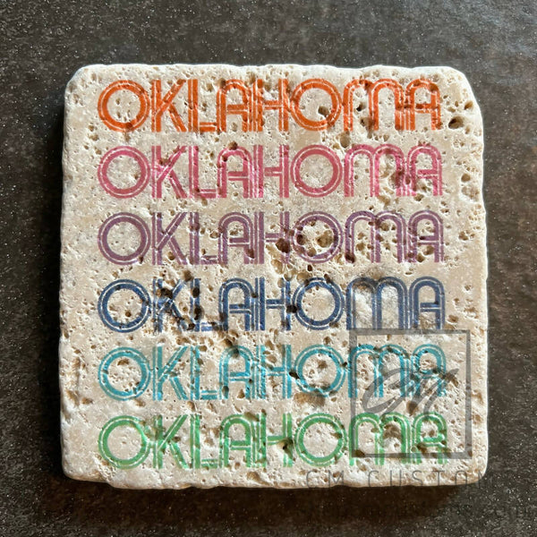 Oklahoma retro multi-color on travertine tile - Four coaster set