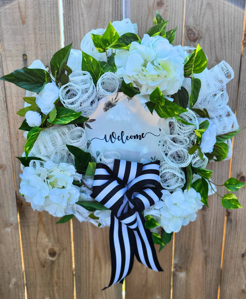Everyday Black and White Welcome Wreath with Faux Peonies, Hydrangeas and Greenery
