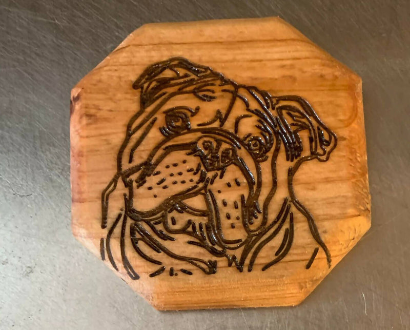 Set 4 Rough Cut Cedar Coasters. Laser Engraved English Bulldog Octagon Shape